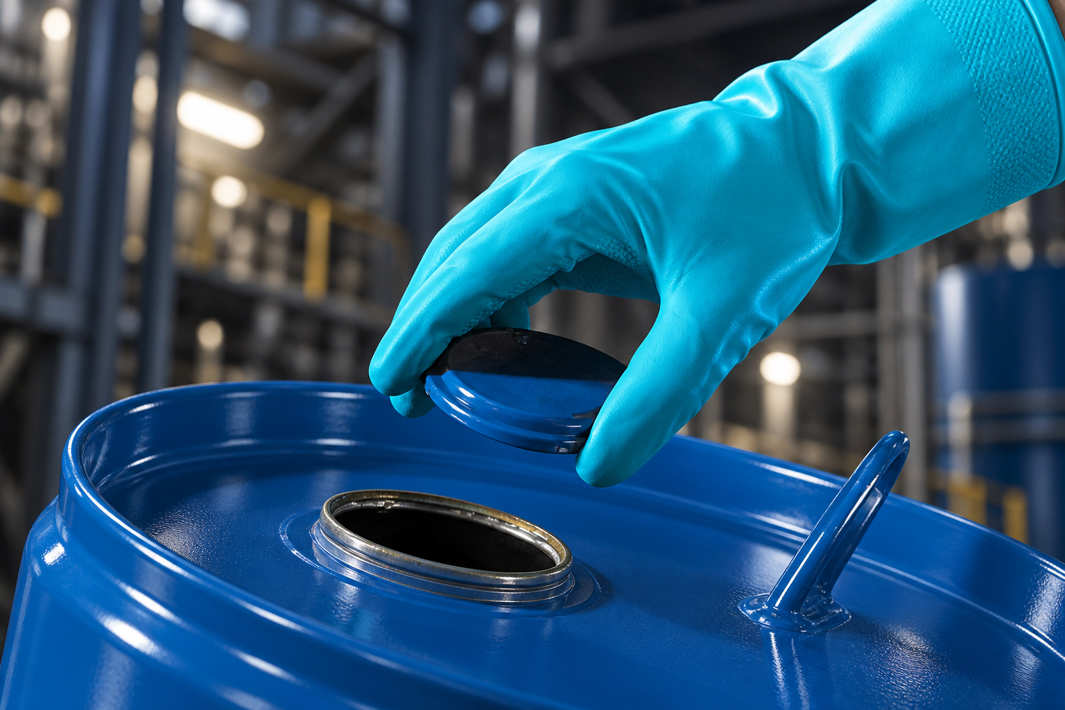 Guante azul Assurance manipulando la tapa de un tambor industrial