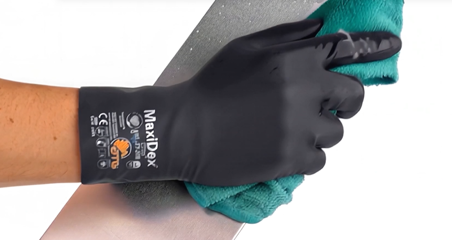 Guante ATG MaxiDex con identificación de marca manipulando una pieza metálica