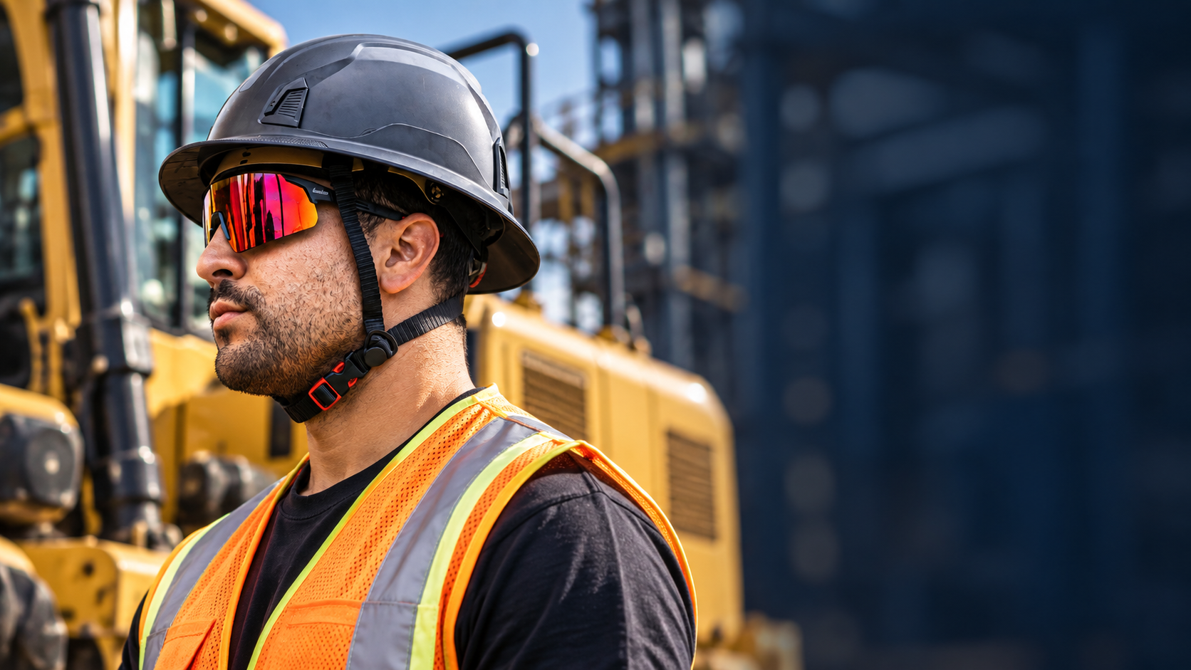 Operador con lentes de seguridad industrial junto a maquinaria pesada