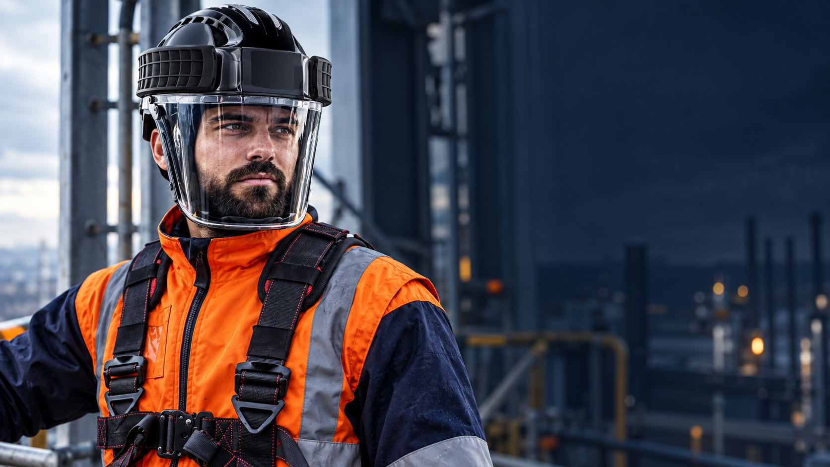 Técnico con casco, visor integral y arnés de protección industrial