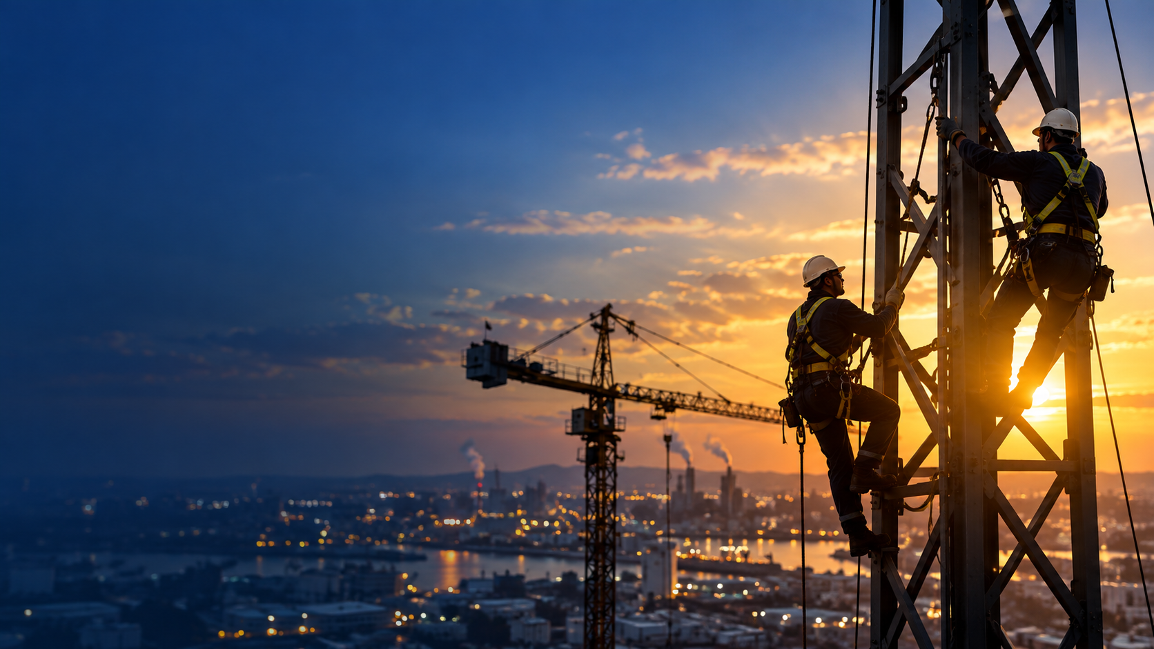 Trabajadores con arneses de seguridad en torre industrial