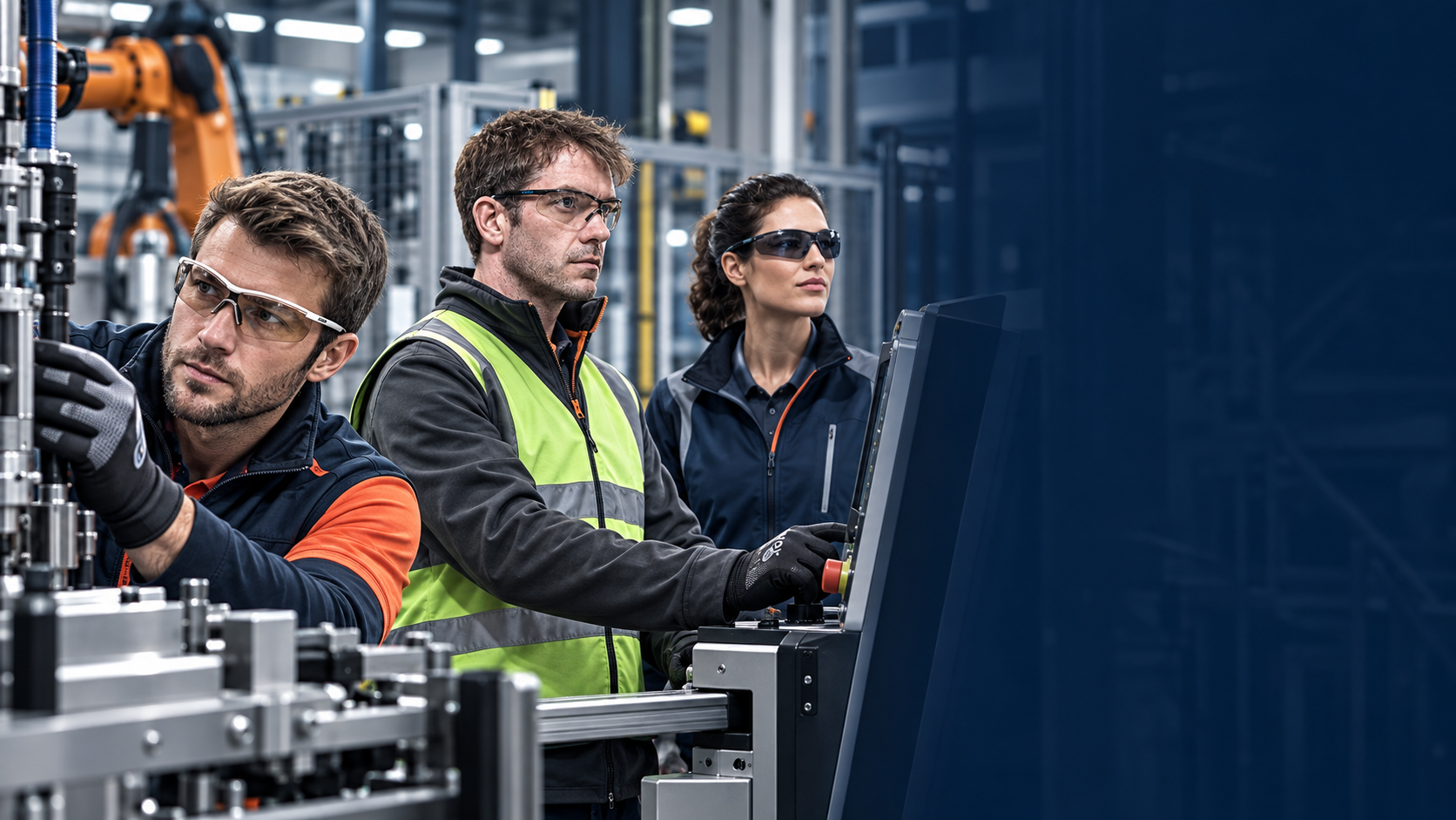 Profesionales usando protección ocular industrial en planta de manufactura